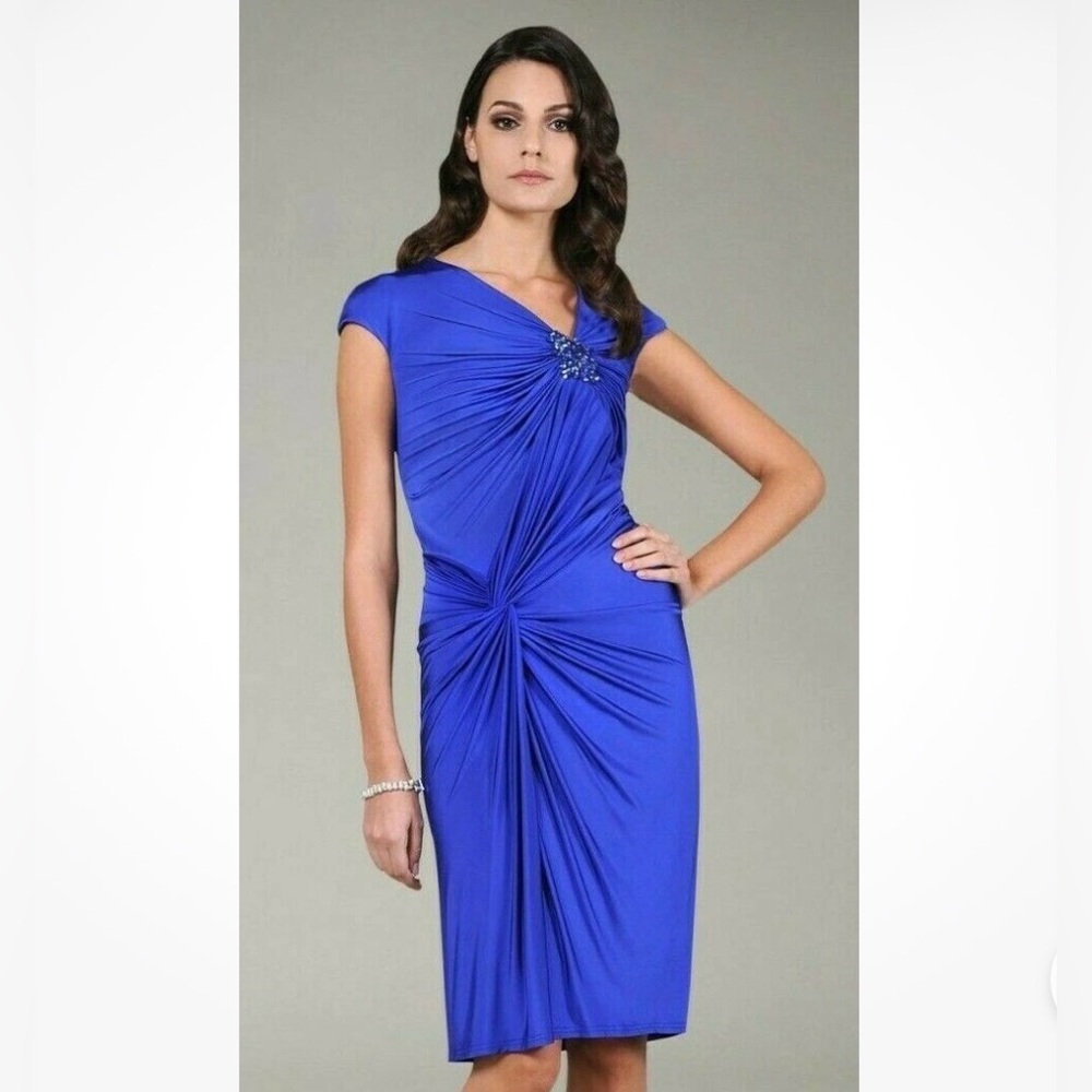 Tadashi Shoji Blue Iris Jersey Cap Sleeve Jeweled Sheath Cocktail Dress Size M